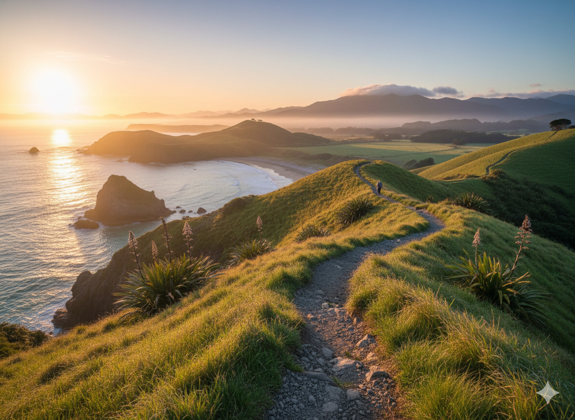 Coastal path and green hills in New Zealand at morning light