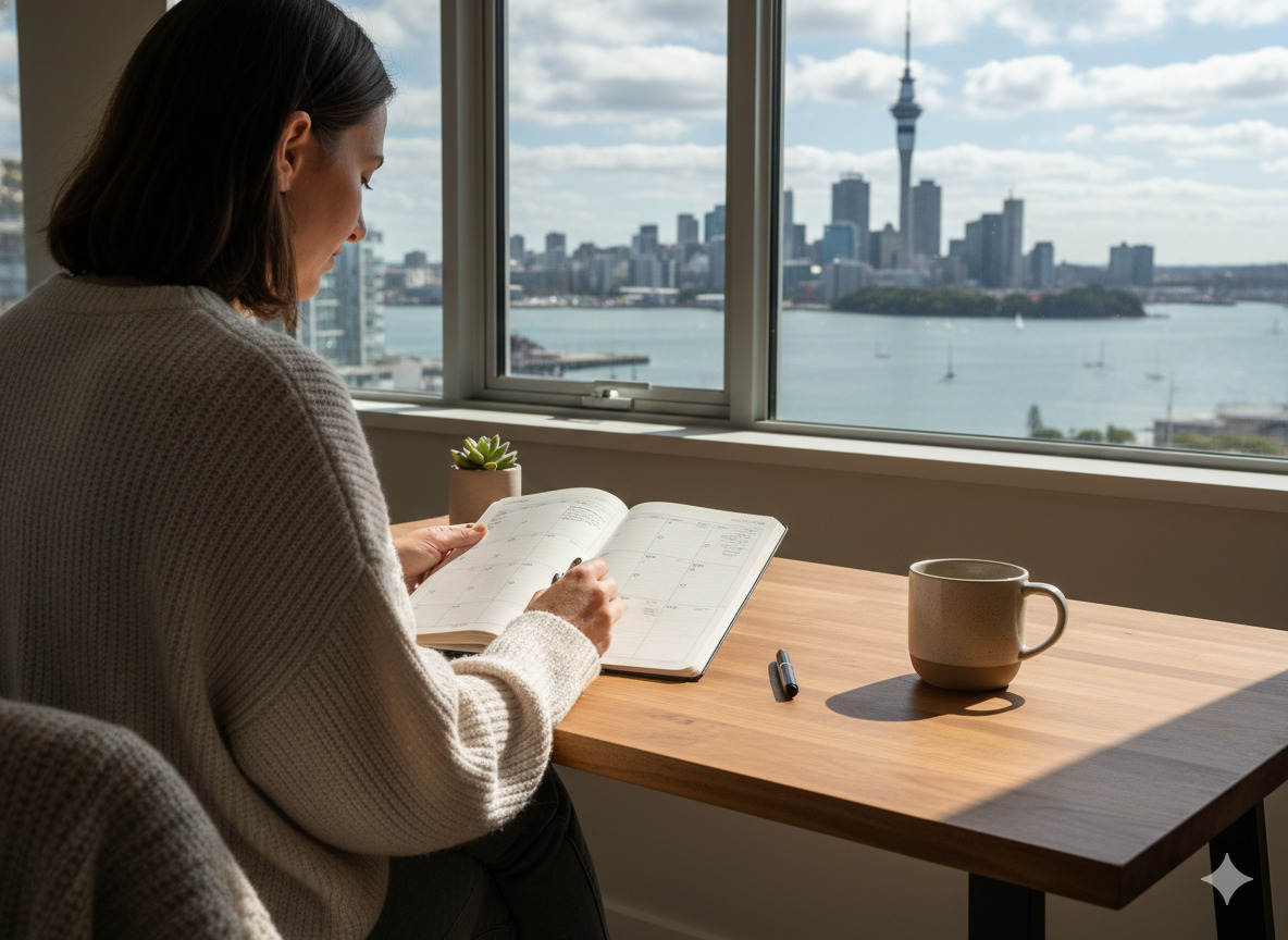 Person reviewing a daily planner at a calm desk in Auckland, New Zealand